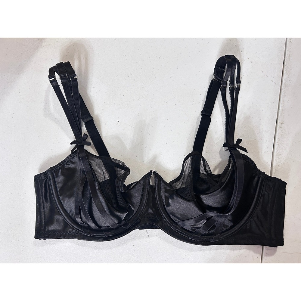 Black Strappy Mesh Underwire Bra Satin Multi Strap Edgy Lingerie 40D - Picture 5 of 5